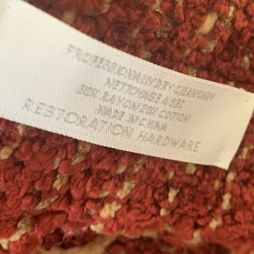Restoration Hardware Chenille Fringe Throw Blanket Heavy Red Tan Stripe Holiday